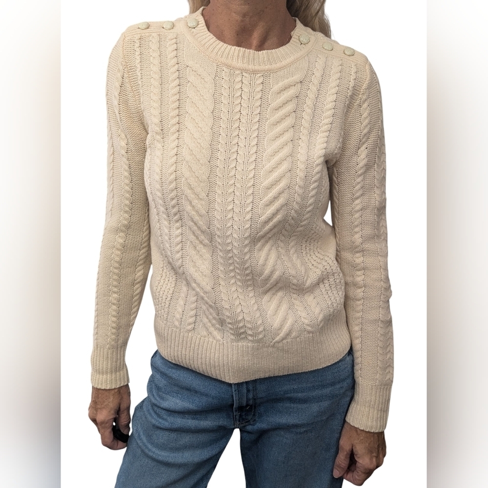J.Crew 100% Wool Cream Cable Knit Sweater XS Button Shoulder Classic
